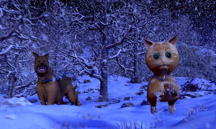 Large dog chasing a kitten in the snow