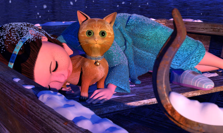 Girl sleeping in a row boat with a kitten