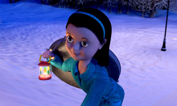 Girl carrying a dustbin lid to use as a sledge