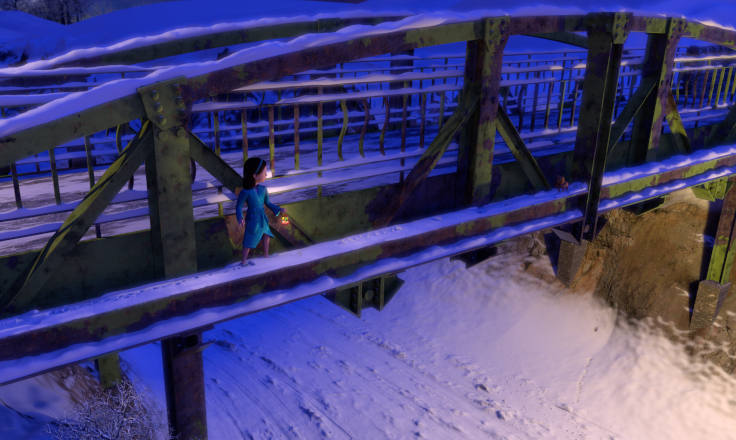 Girl crossing a bridge covered in snow