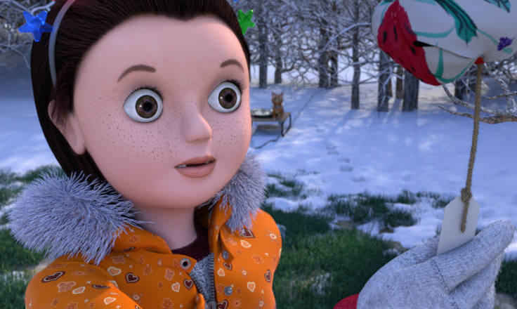 Girl in the snow looking at a present label