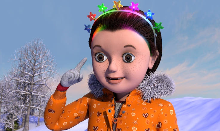 Girl pointing at multi coloured lights fastened to her head