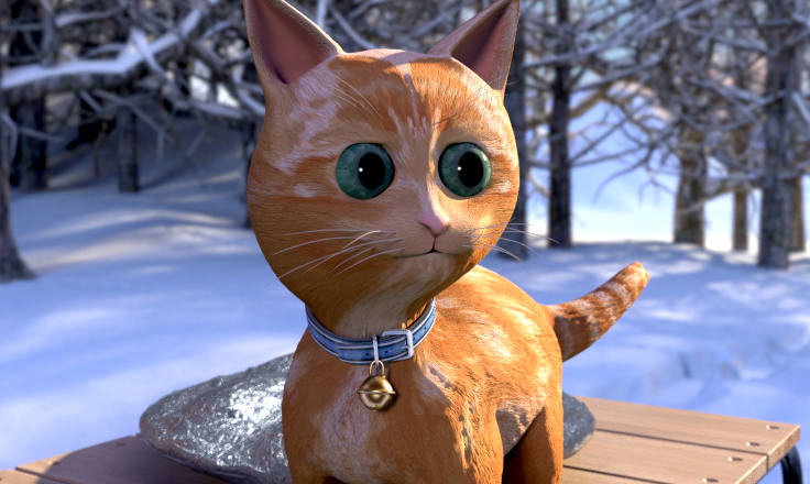 Kitten standing on a wooden sledge in the snow