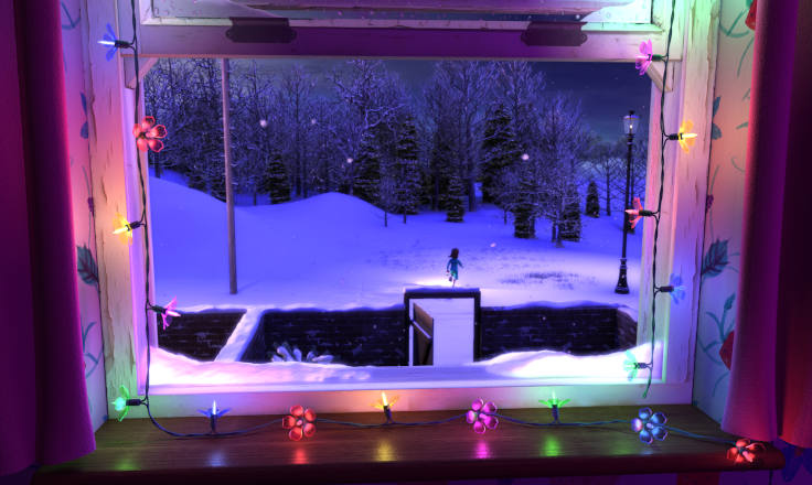 View looking through a window with Christmas lights