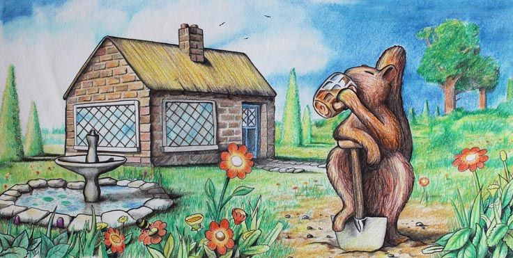 Drawing of a cartoon squirrel drinking beer whilst gardening by K A Mann