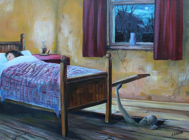 Painting of a sleeping woman with a creepy ghoul entering the room through floorboards by K A Mann