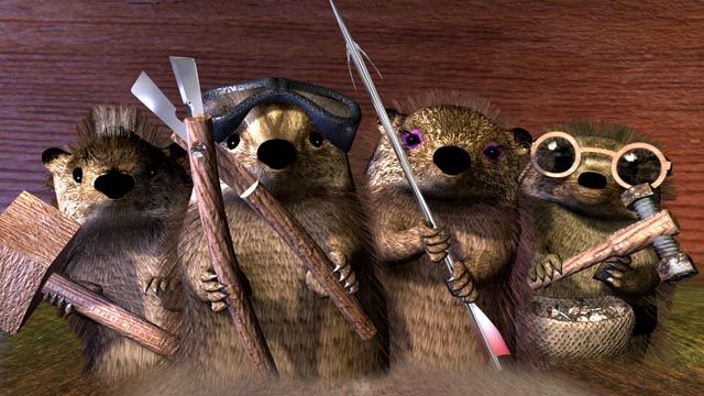 Group of hedgehogs holding various tools